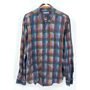 32 Bar Blues Shirt Men XL Plaid Button Down Long Sleeve Linen